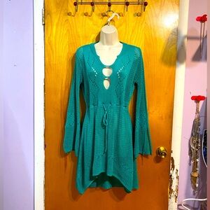 EUC open knit sweater dress,ocean green,drawstring waist,bell sleeves,hanky hem